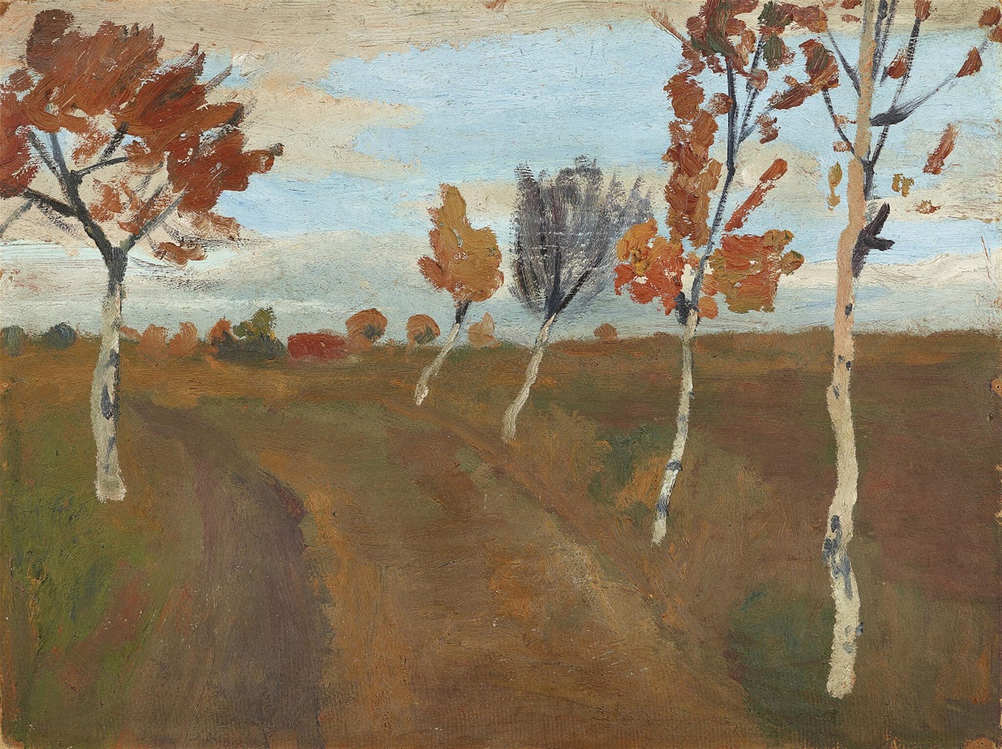 Landschaft mit Birkenweg im Herbst